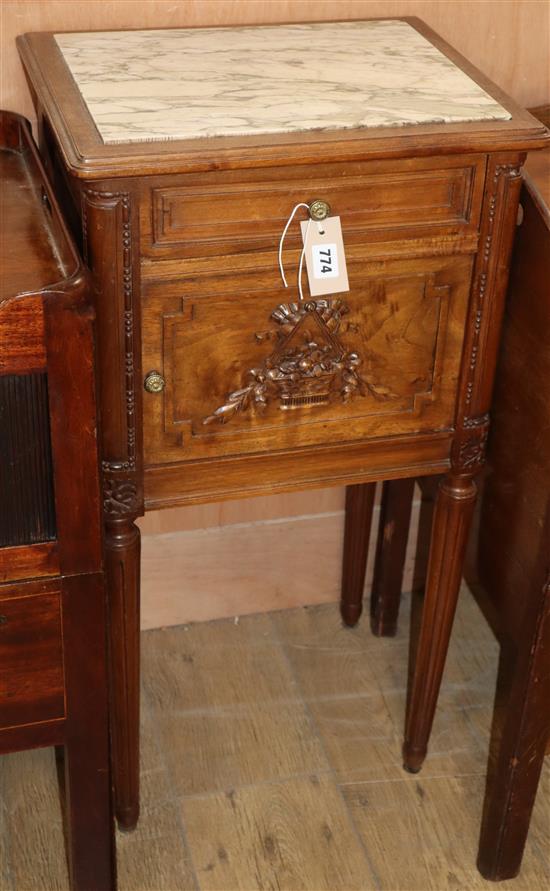 A French marble top walnut bedside cupboard W.44cm